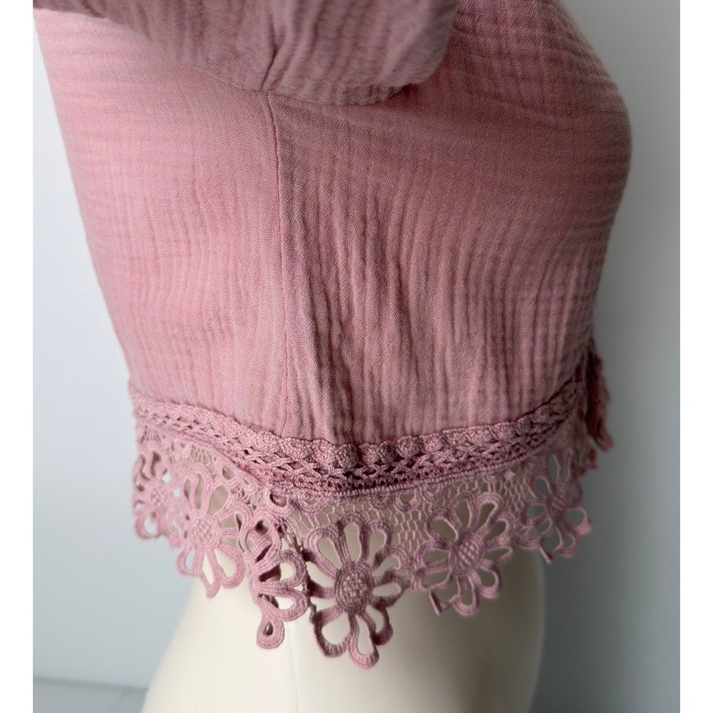 Zara Girls Mauve Pink Gauze Crochet Lace Trim Button Crop Top Boho Size 11-12 - Picture 4 of 7